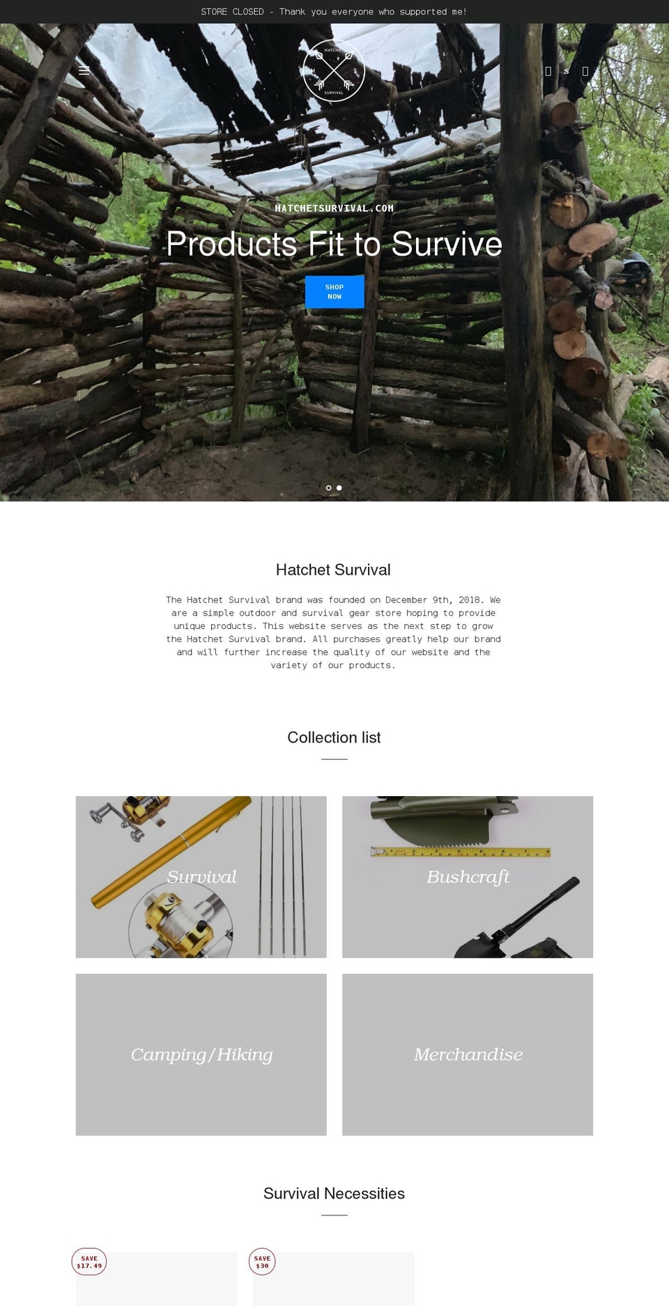 hatchetsurvival.com shopify website screenshot