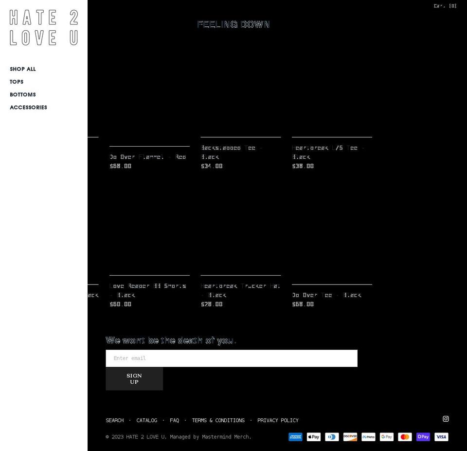 hate2loveu.com shopify website screenshot