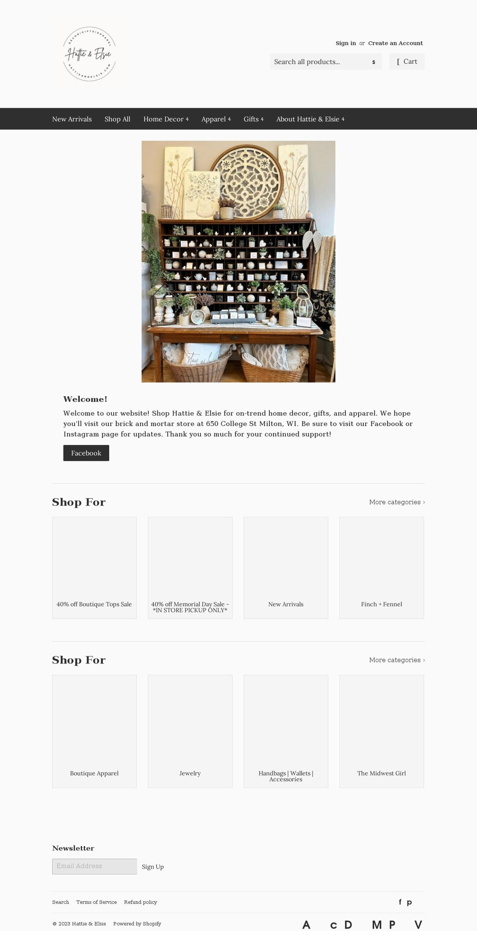 hattieandelsie.com — Shopify storefront screenshot