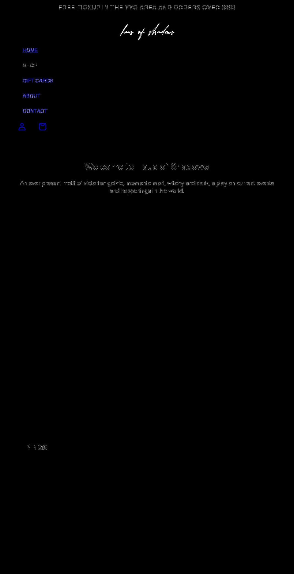 hausofshadows.com shopify website screenshot
