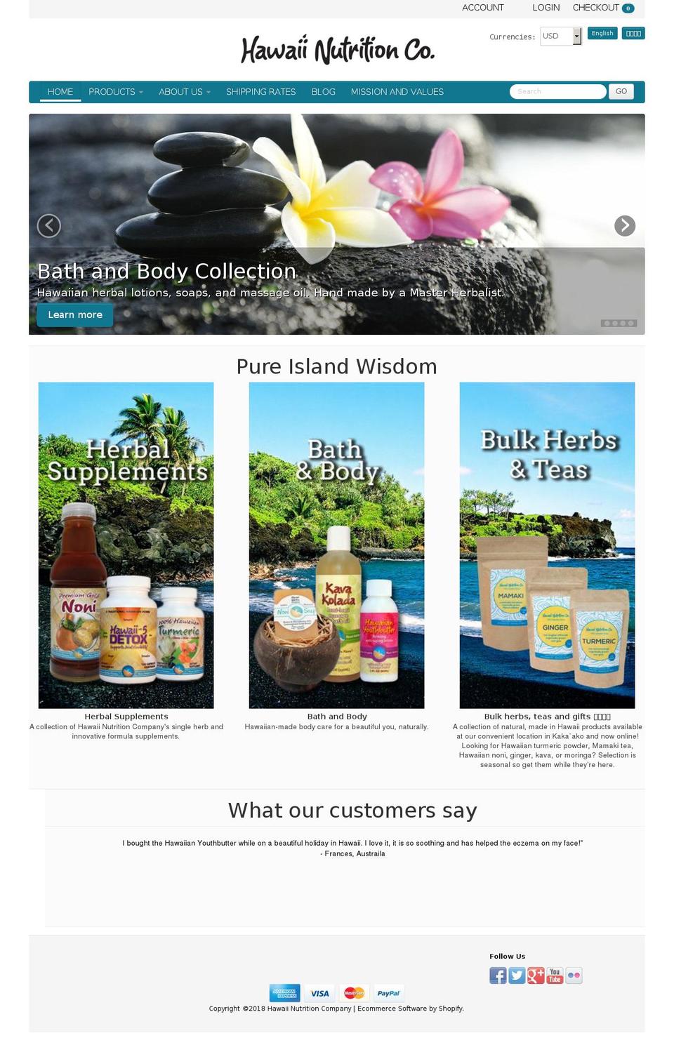 Bilingual Shopify theme site example hawaiian-noni.com