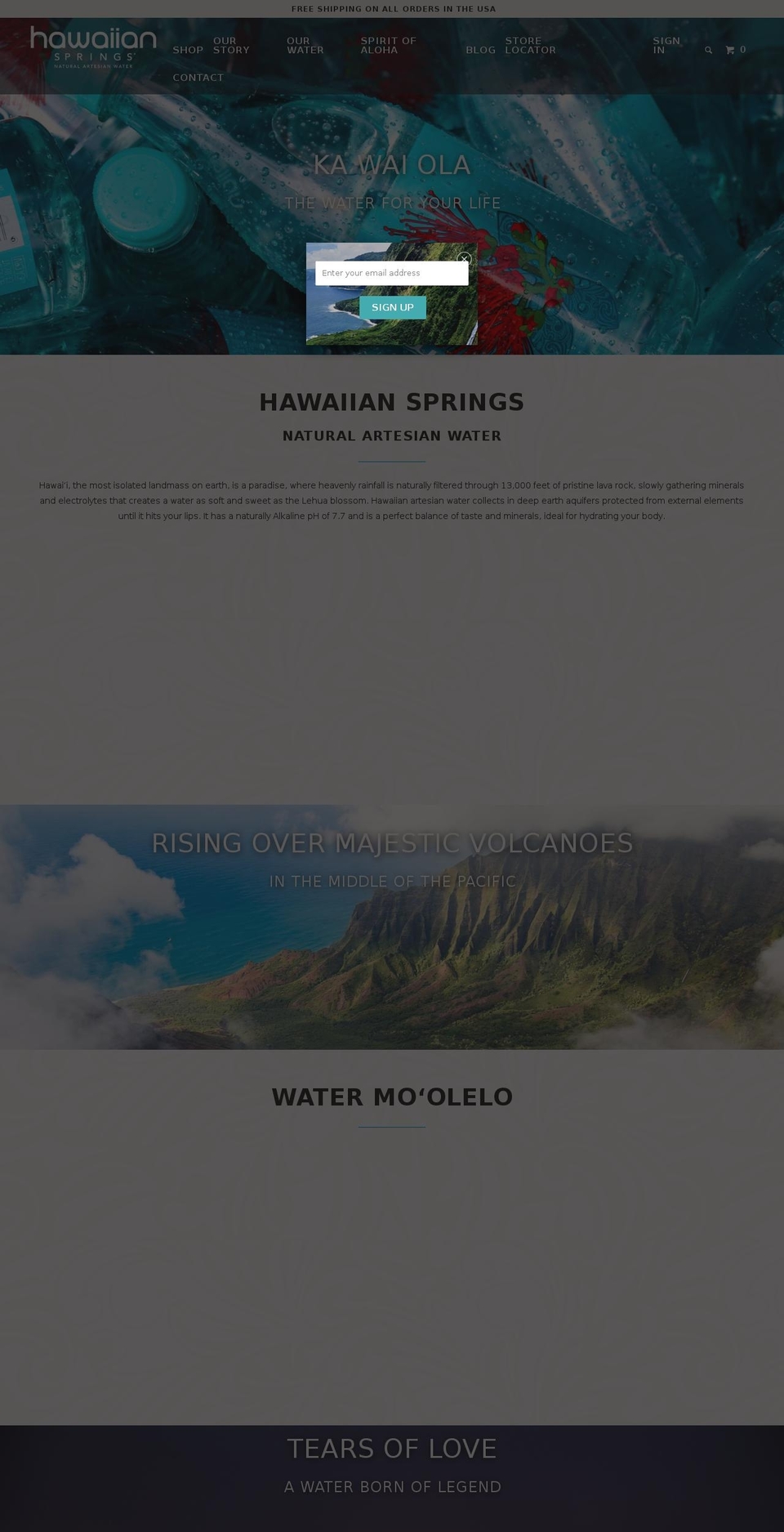 hawaiianspringswaters.com shopify website screenshot