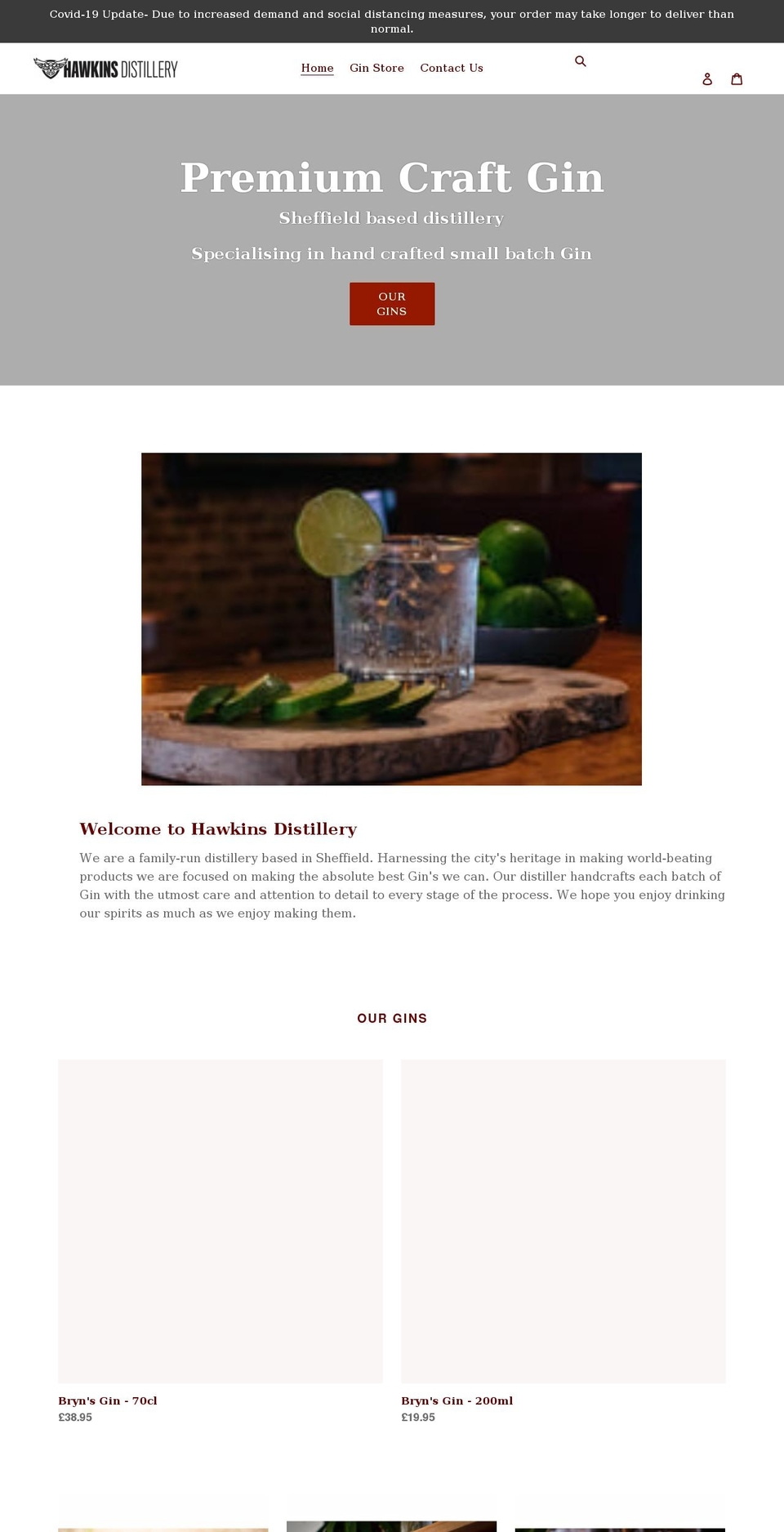 hawkinsdistillery.co.uk shopify website screenshot