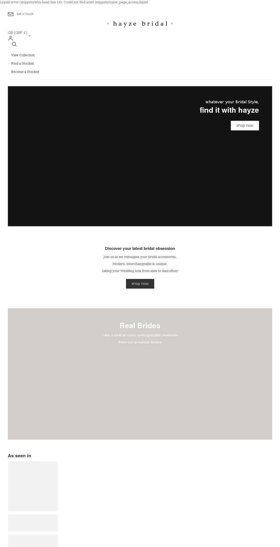 hayzebridal.com shopify website screenshot