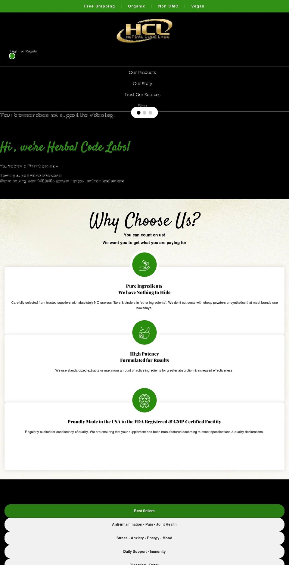 hclnutrition.com — Shopify storefront screenshot
