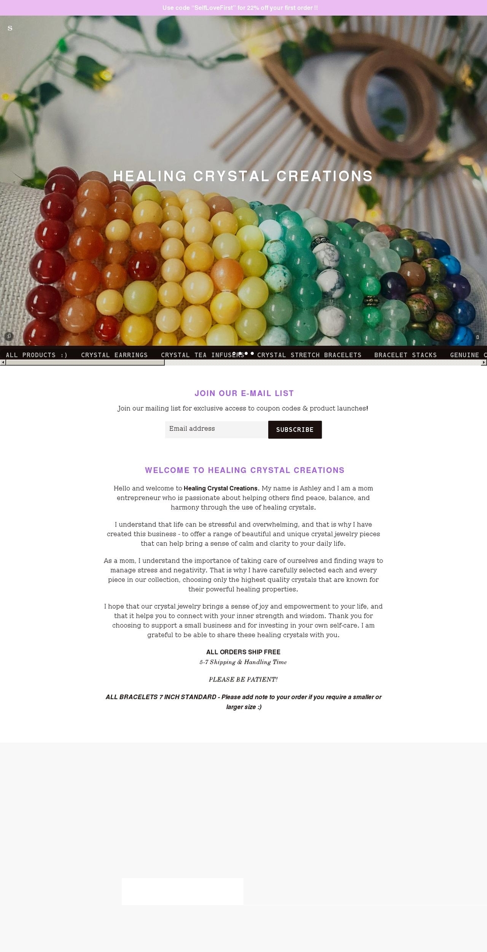 healingcrystalcreations.com shopify website screenshot