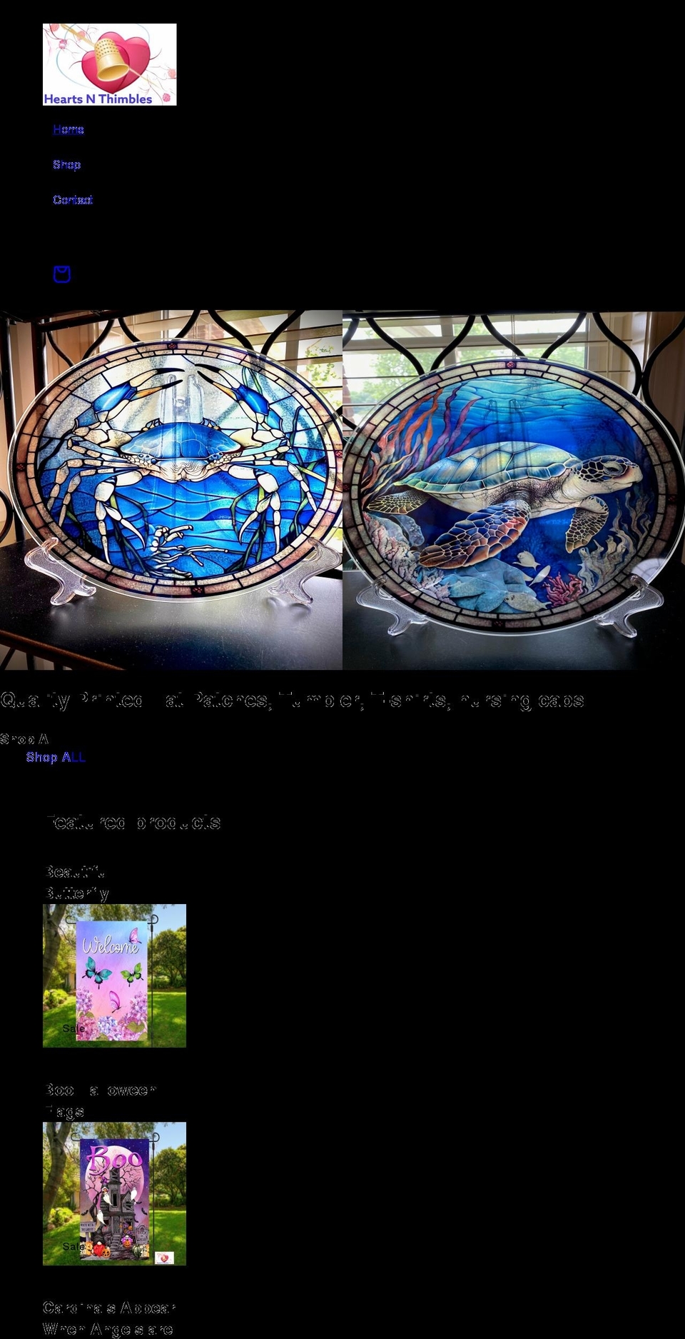 heartsnthimbles.com shopify website screenshot