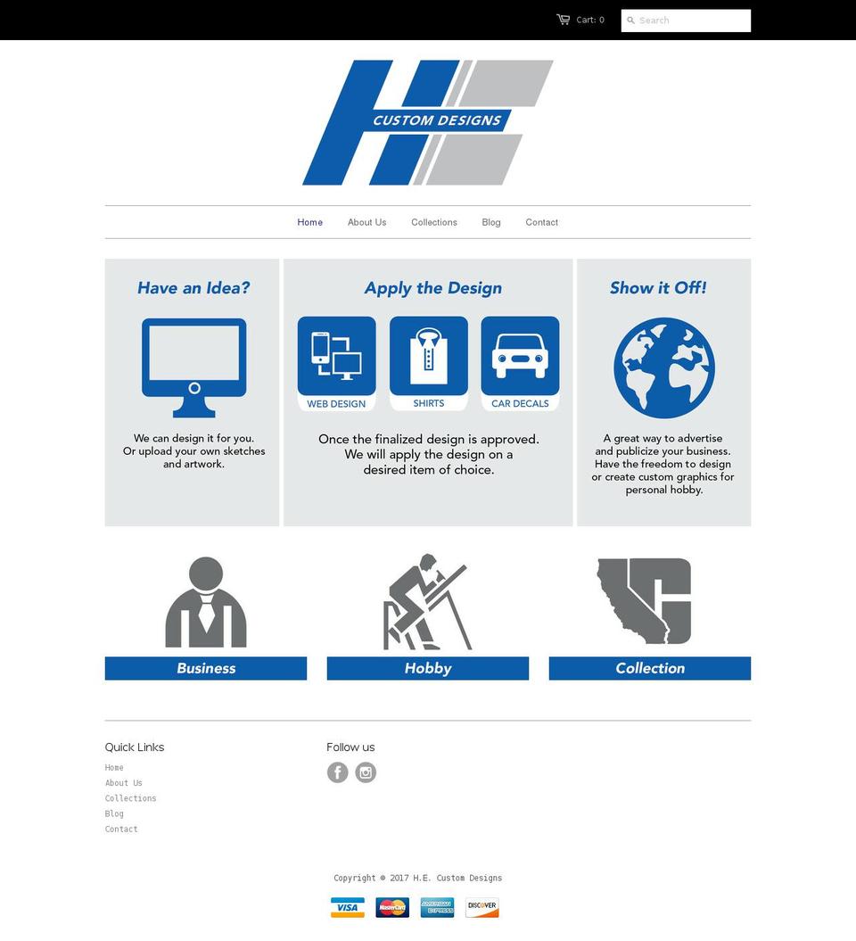 hecustomdesigns.com shopify website screenshot