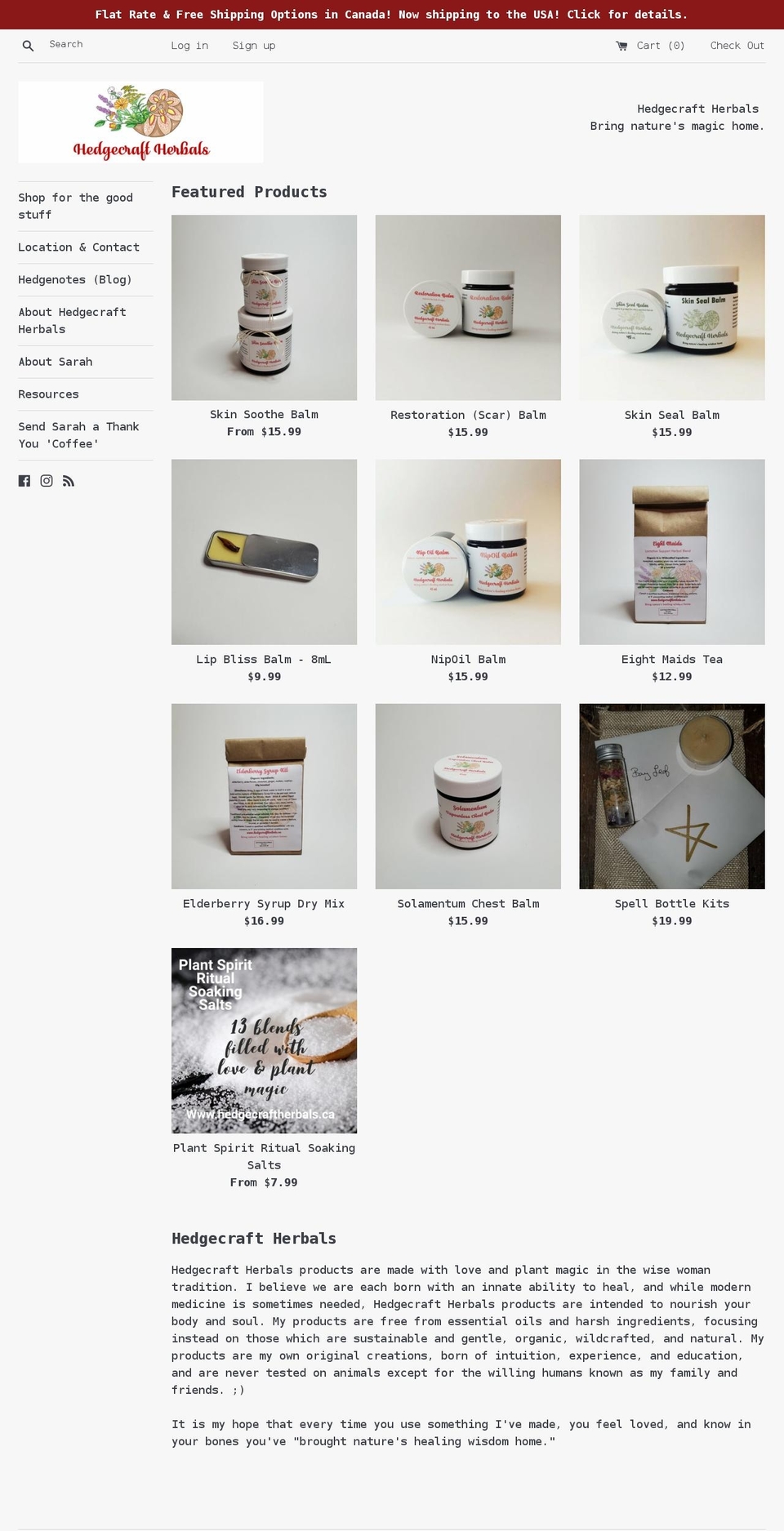 hedgecraftherbals.ca shopify website screenshot