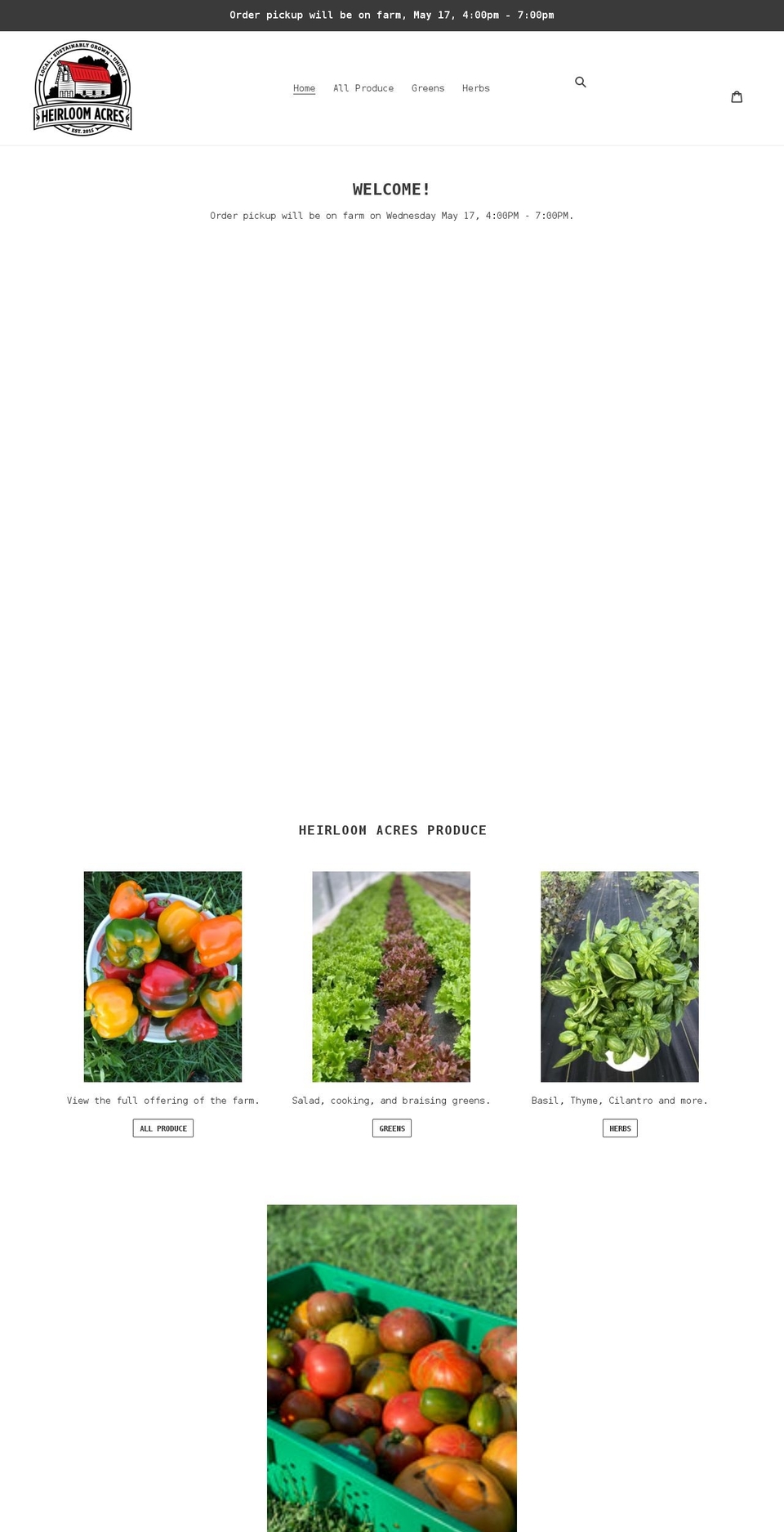 heirloomacresproduce.com shopify website screenshot
