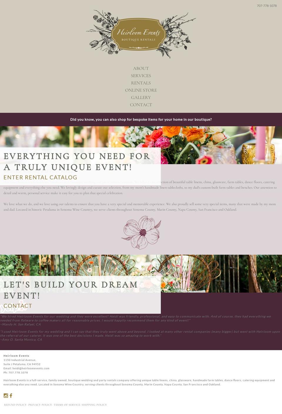 heirloomevents.com shopify website screenshot