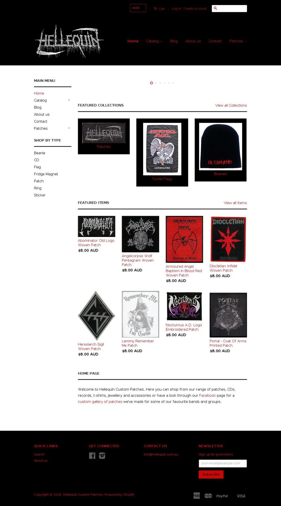 hellequincustompatches.com — Shopify storefront screenshot