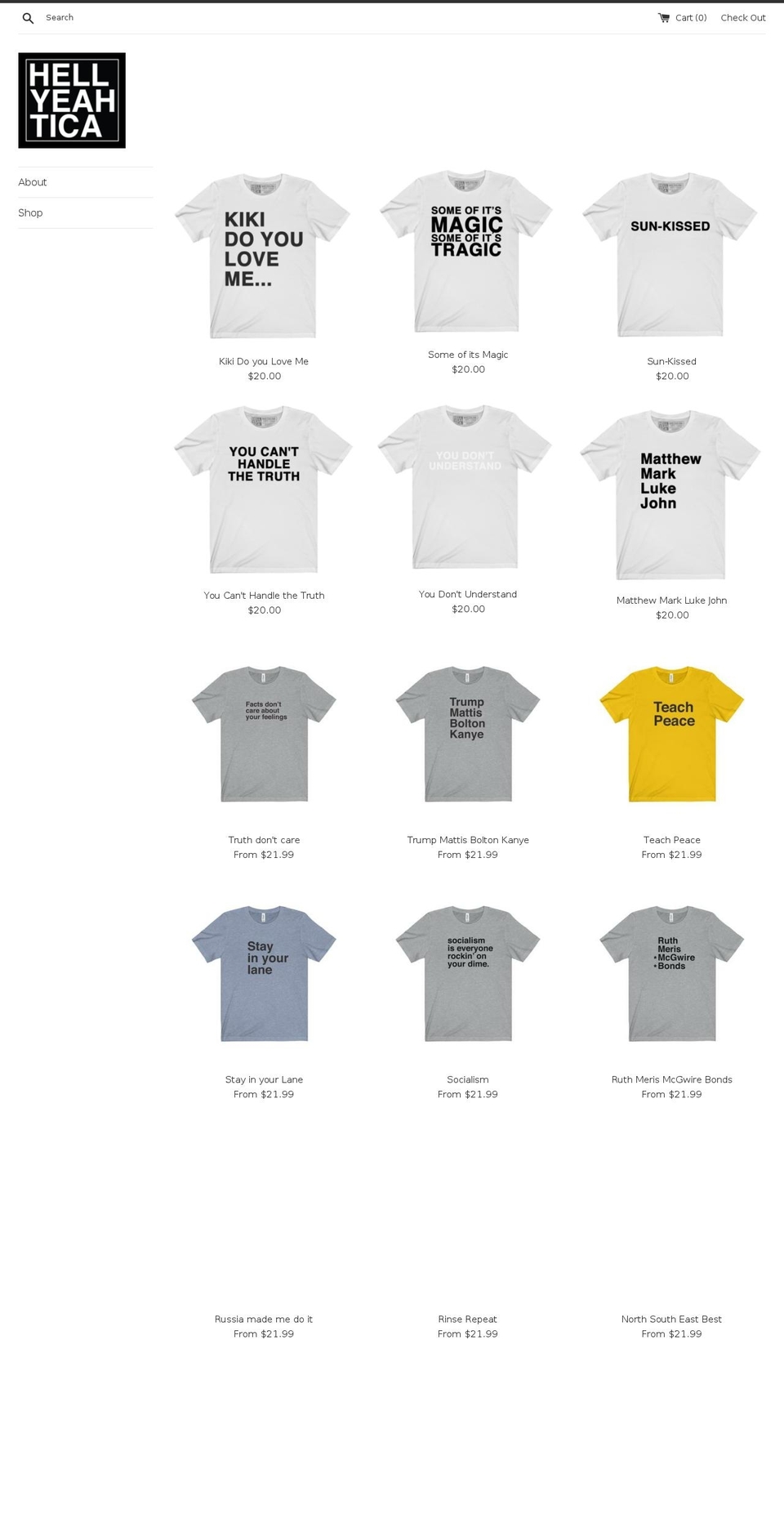 hellyeahtica.com — Shopify storefront screenshot