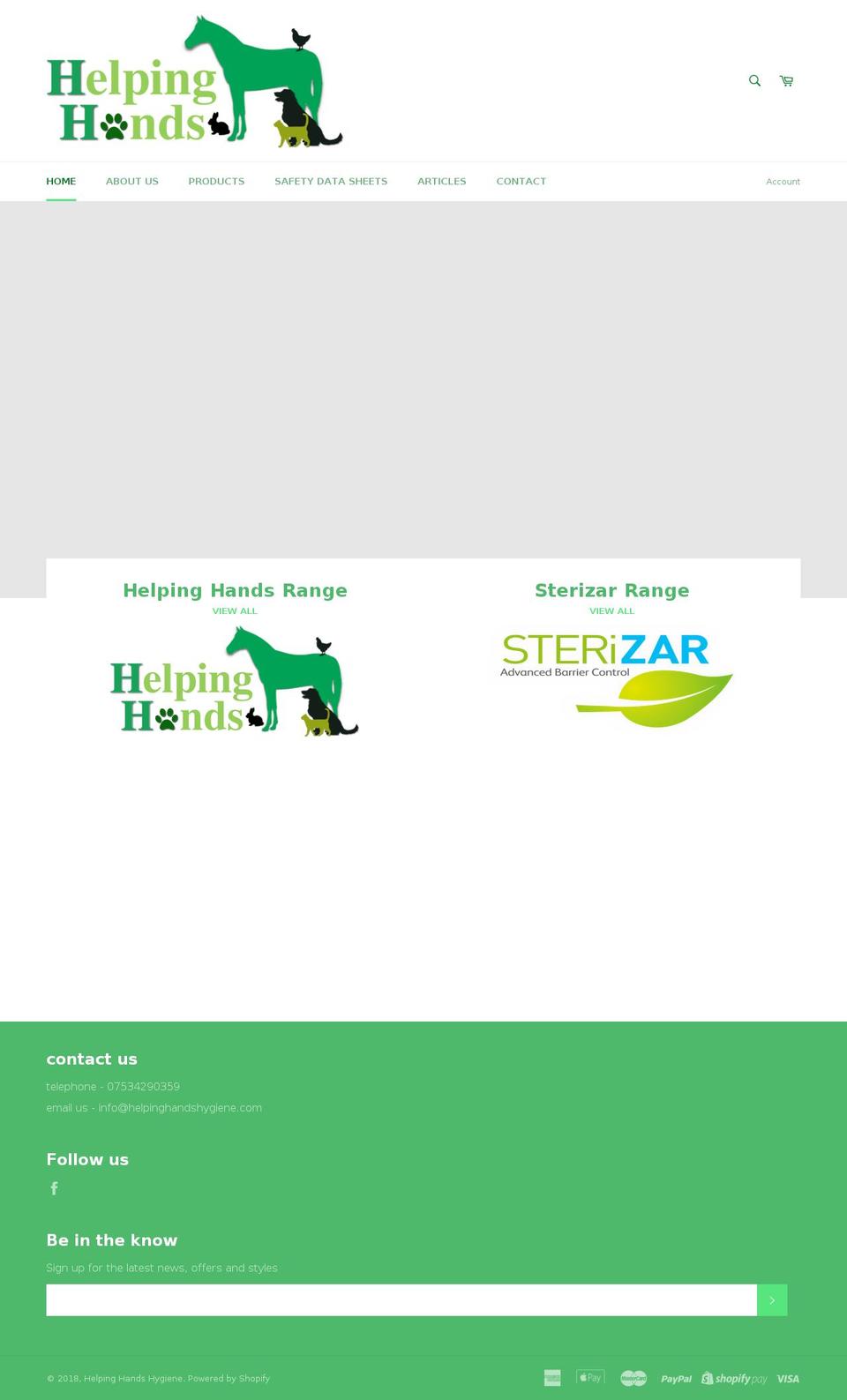 helpinghandshygiene.com shopify website screenshot