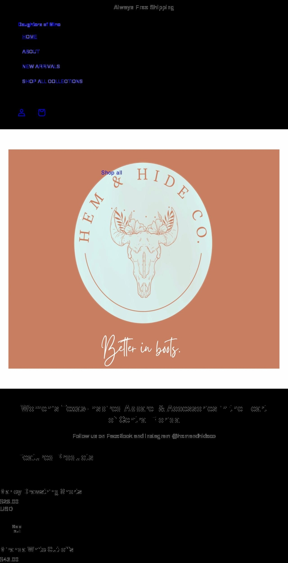 hemandhideco.com shopify website screenshot