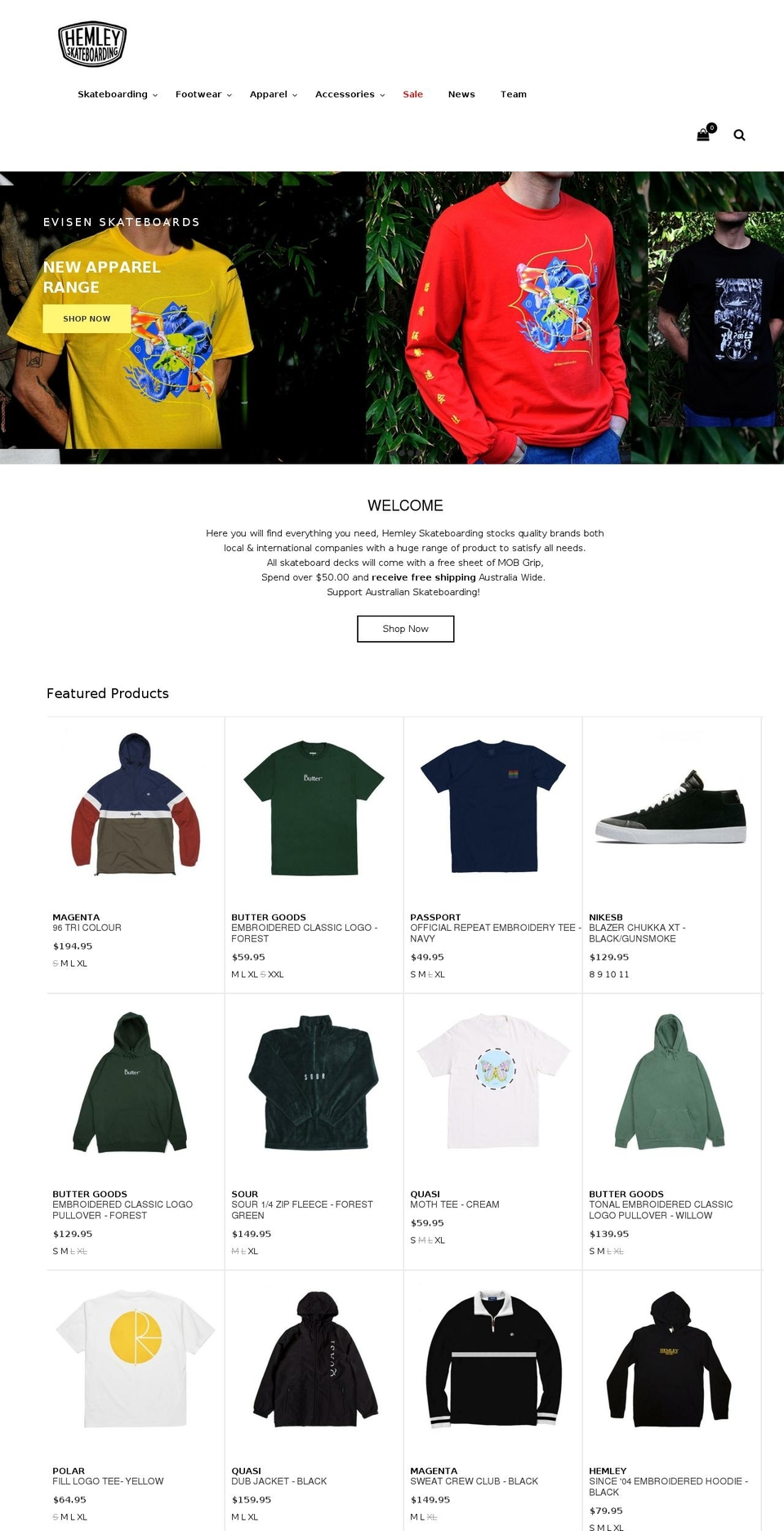 hemleyskateboarding.com.au shopify website screenshot