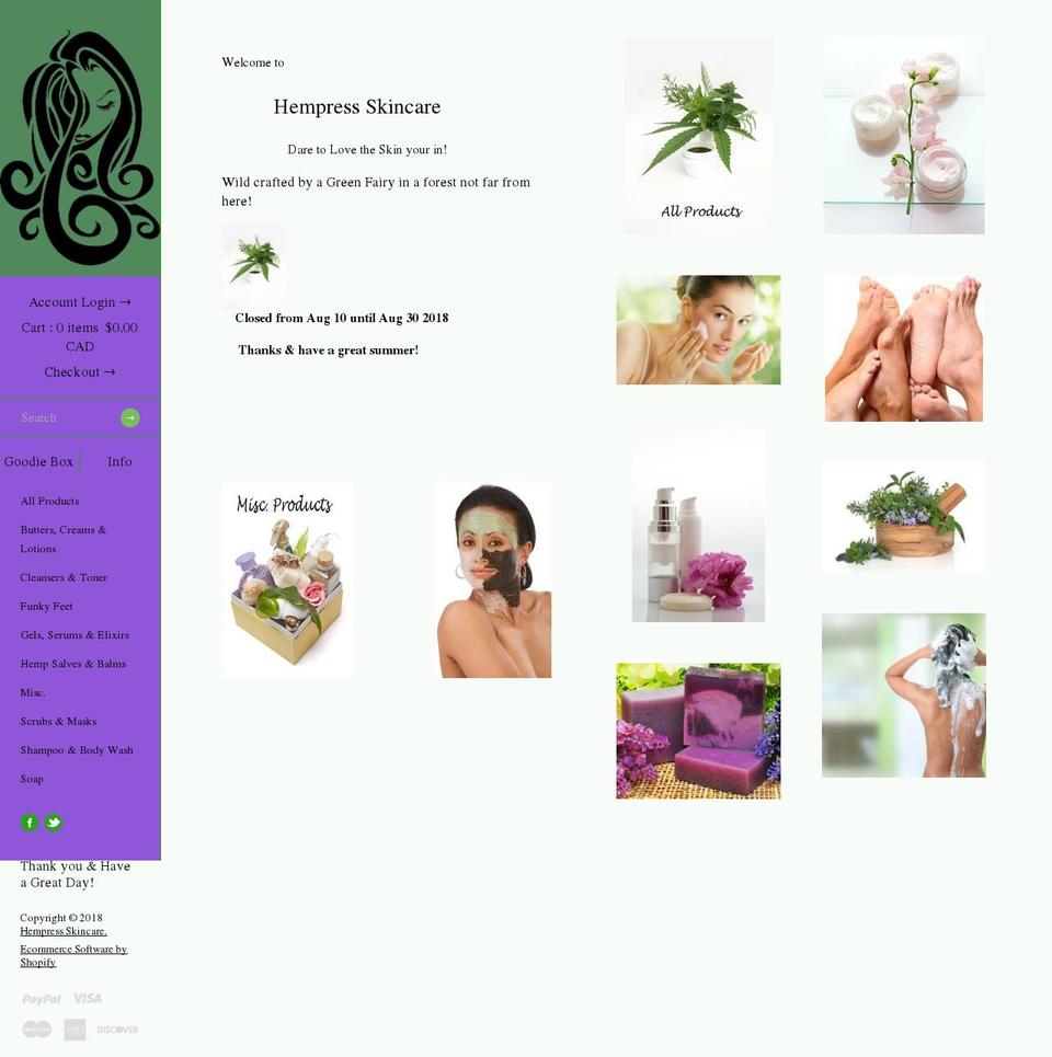 Hempress Skincare Shopify theme site example hempressskincare.ca
