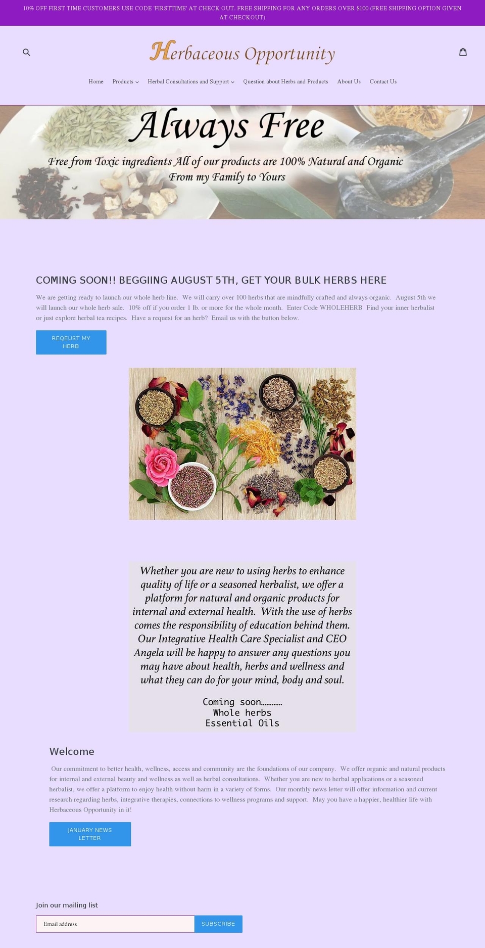 herbaceousopportunity.com — Shopify storefront screenshot