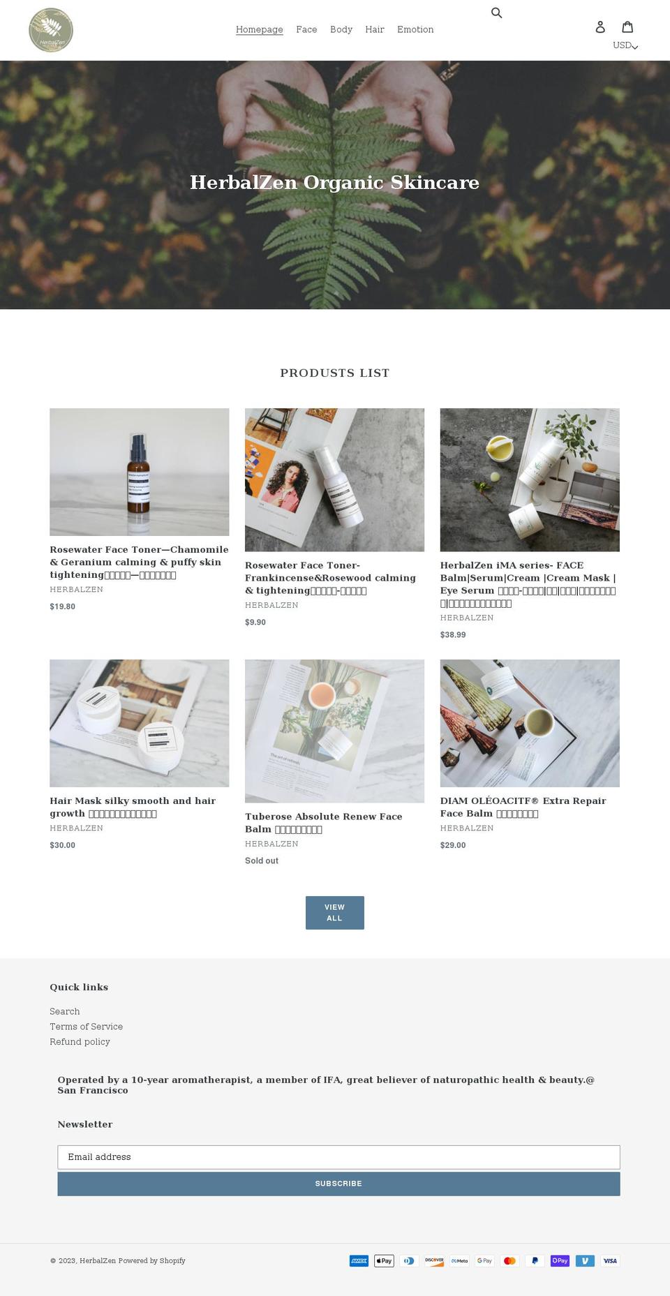 herbalzenskincare.com shopify website screenshot