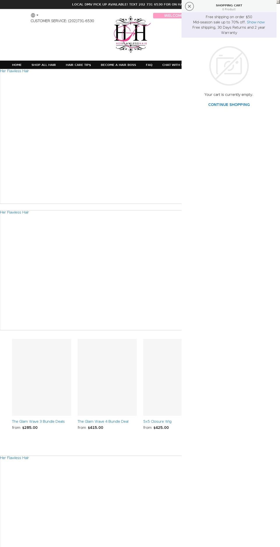 herflawlesshair.com shopify website screenshot