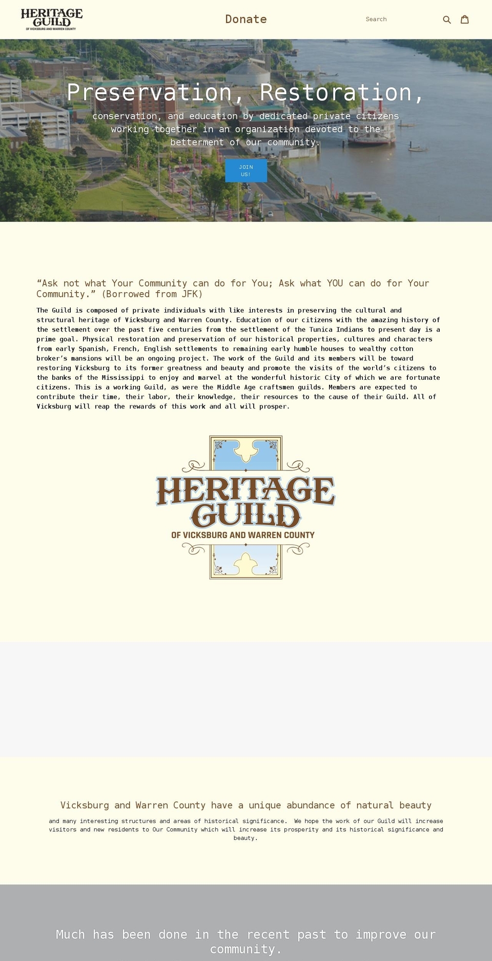 heritageguildvicksburg.org shopify website screenshot