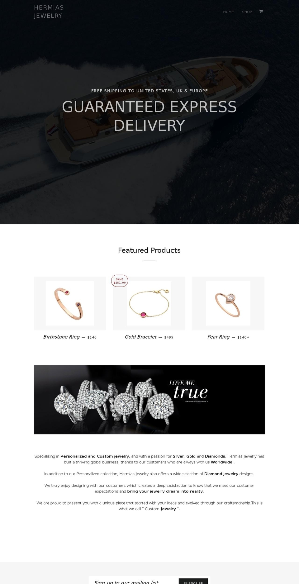 hermiasjewelry.com shopify website screenshot