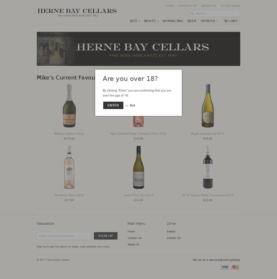 hernebaycellars.com shopify website screenshot