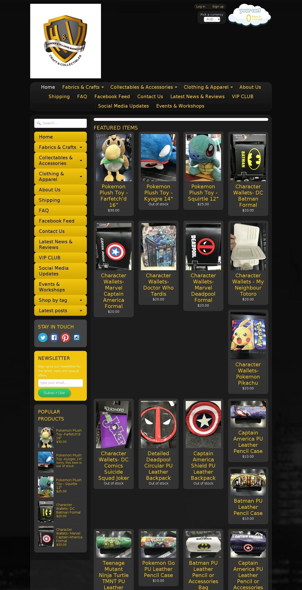 heroesandvillainsshowcase.com shopify website screenshot