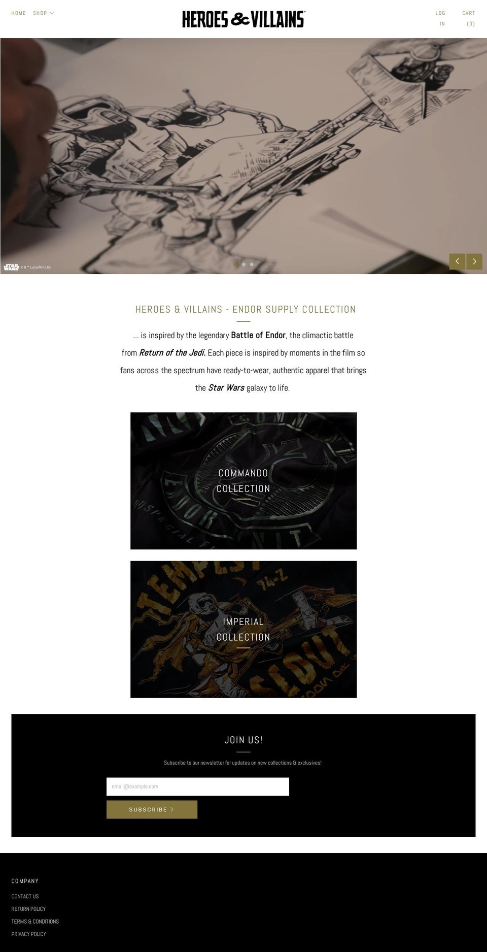 heroesvillains.com — Shopify storefront screenshot