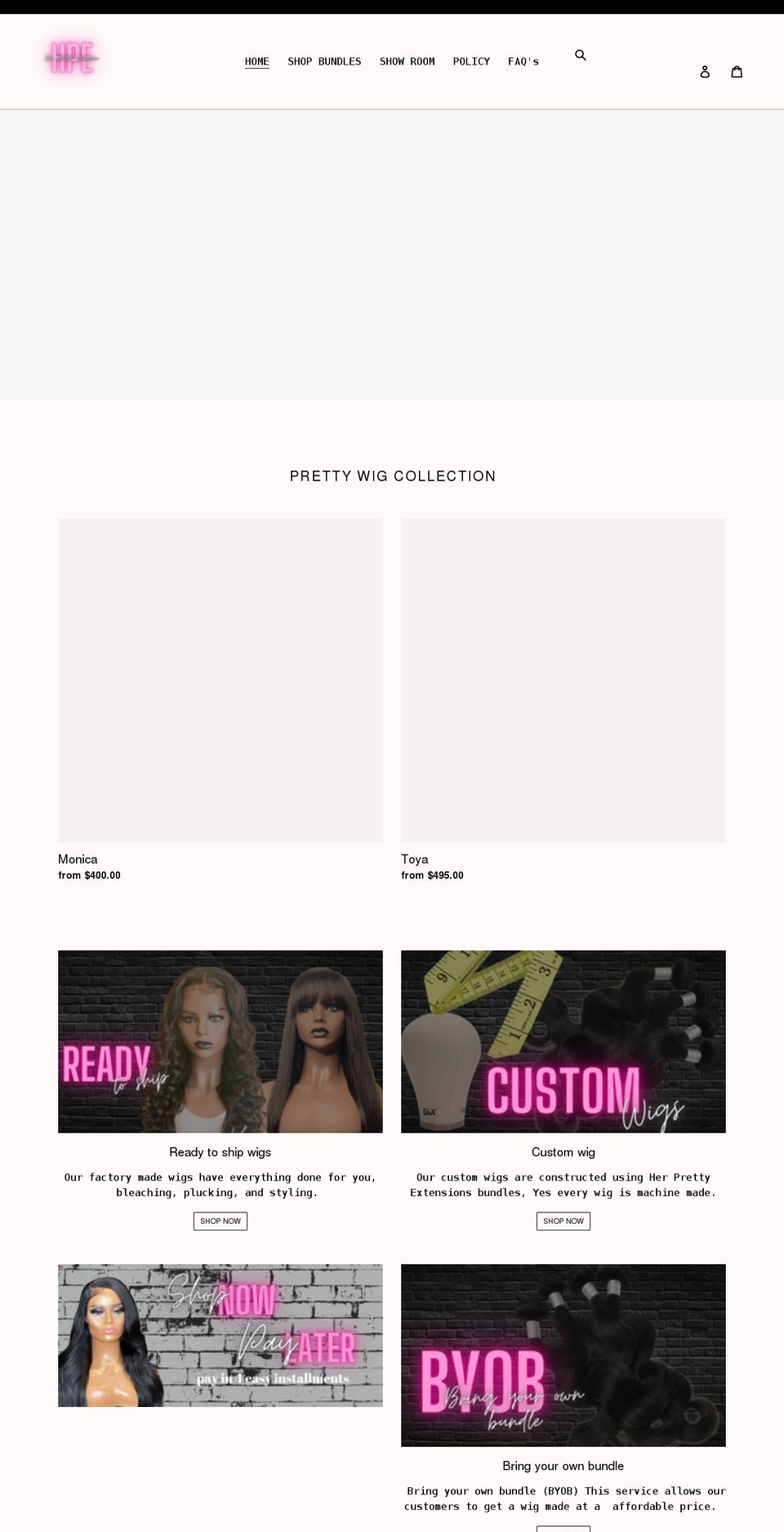 herprettyextensions.com shopify website screenshot