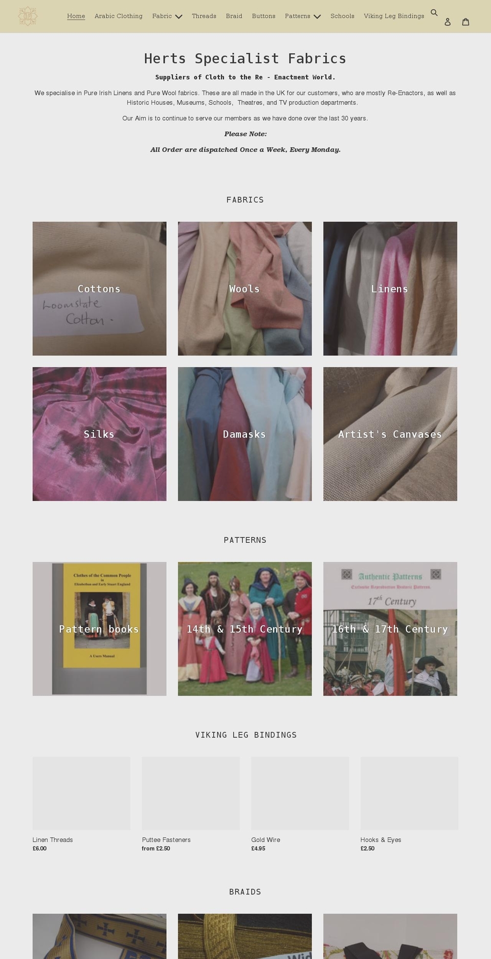 hertsfabrics.co.uk shopify website screenshot
