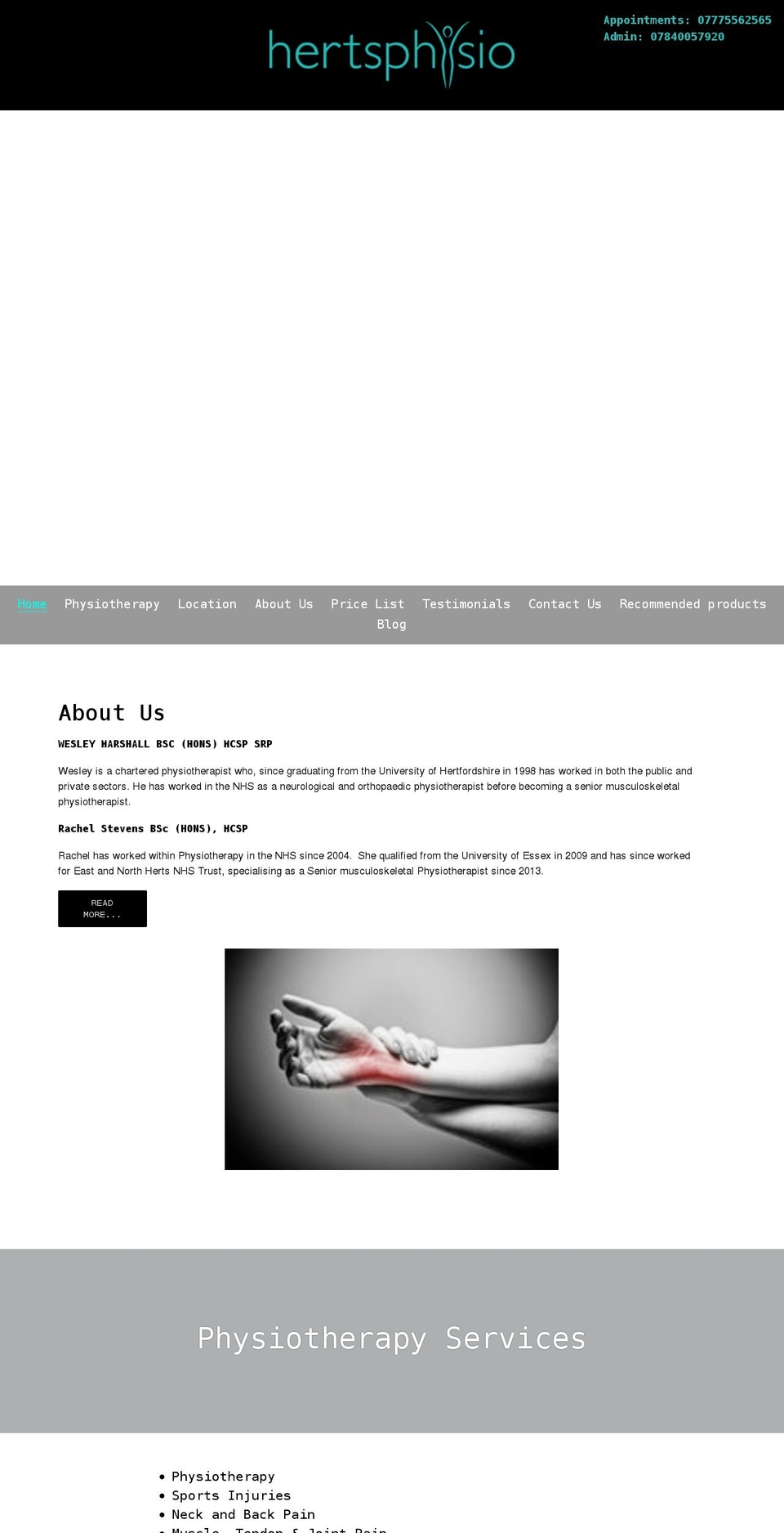 hertsphysio.co.uk shopify website screenshot