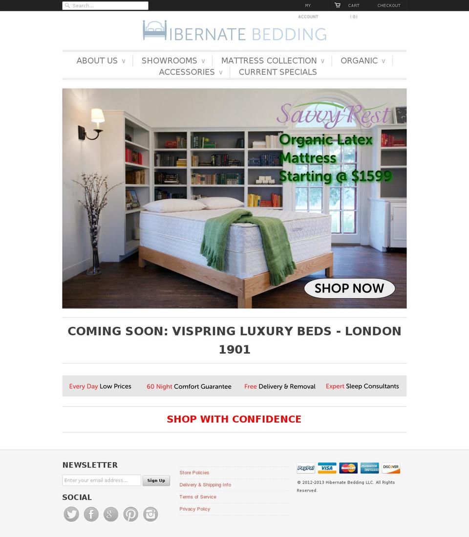 hibernatebedding.com shopify website screenshot