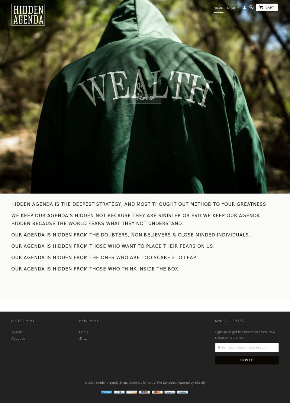 hiddenagendashop.com shopify website screenshot