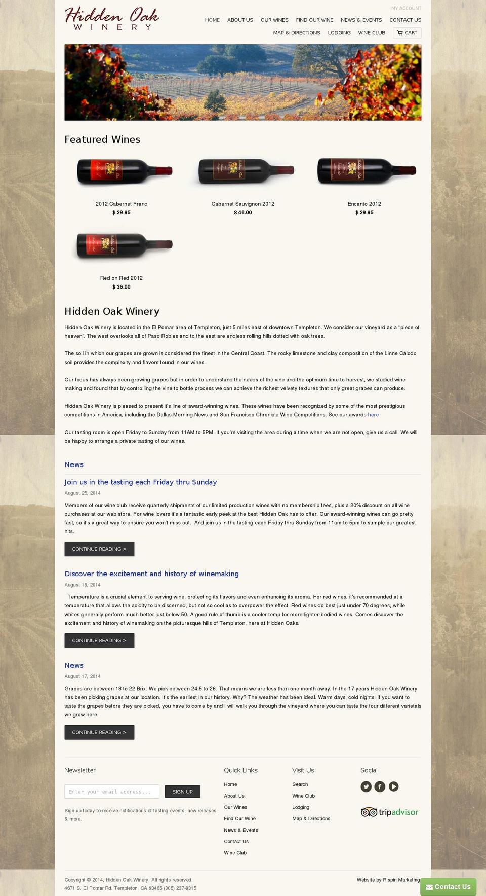 hiddenoakwinery.com shopify website screenshot