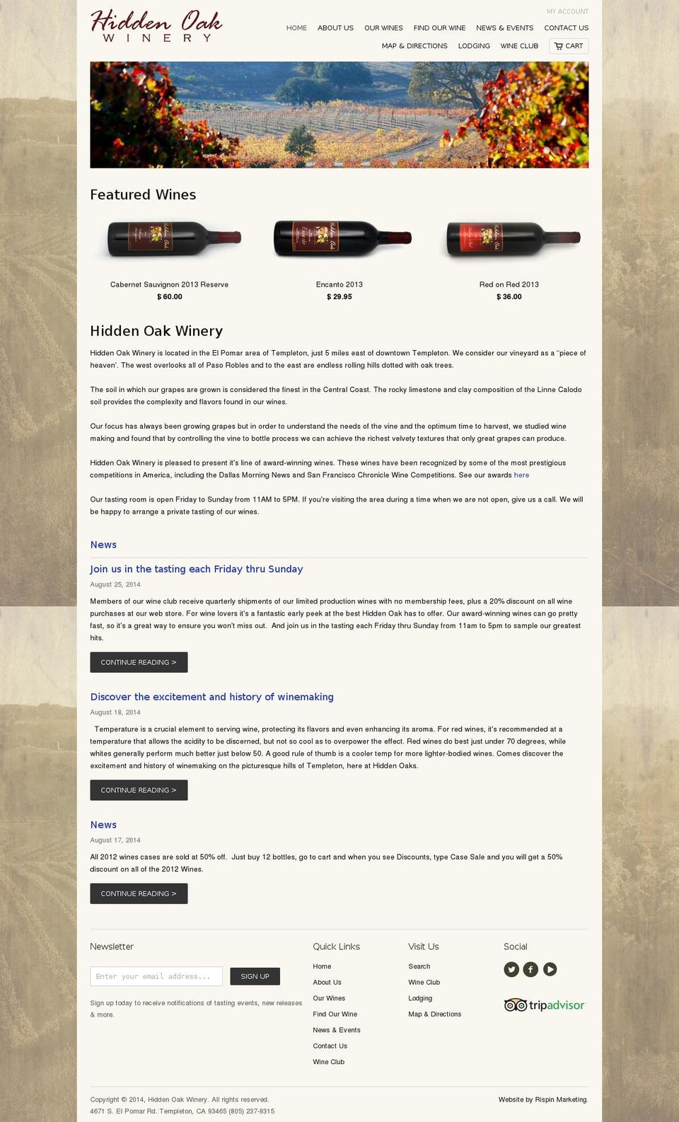 hiddenoakwinery.info shopify website screenshot