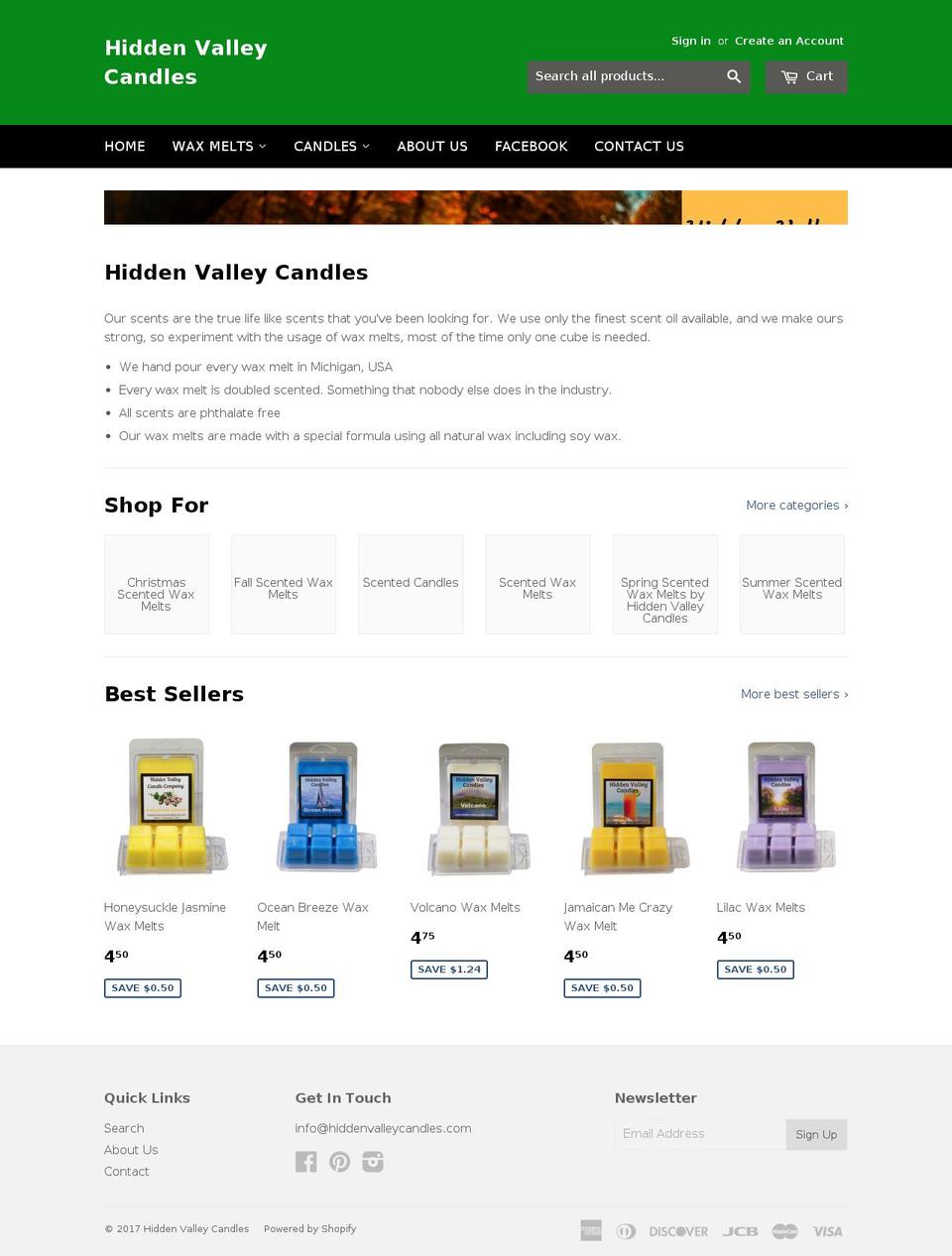 hiddenvalleycandles.com shopify website screenshot