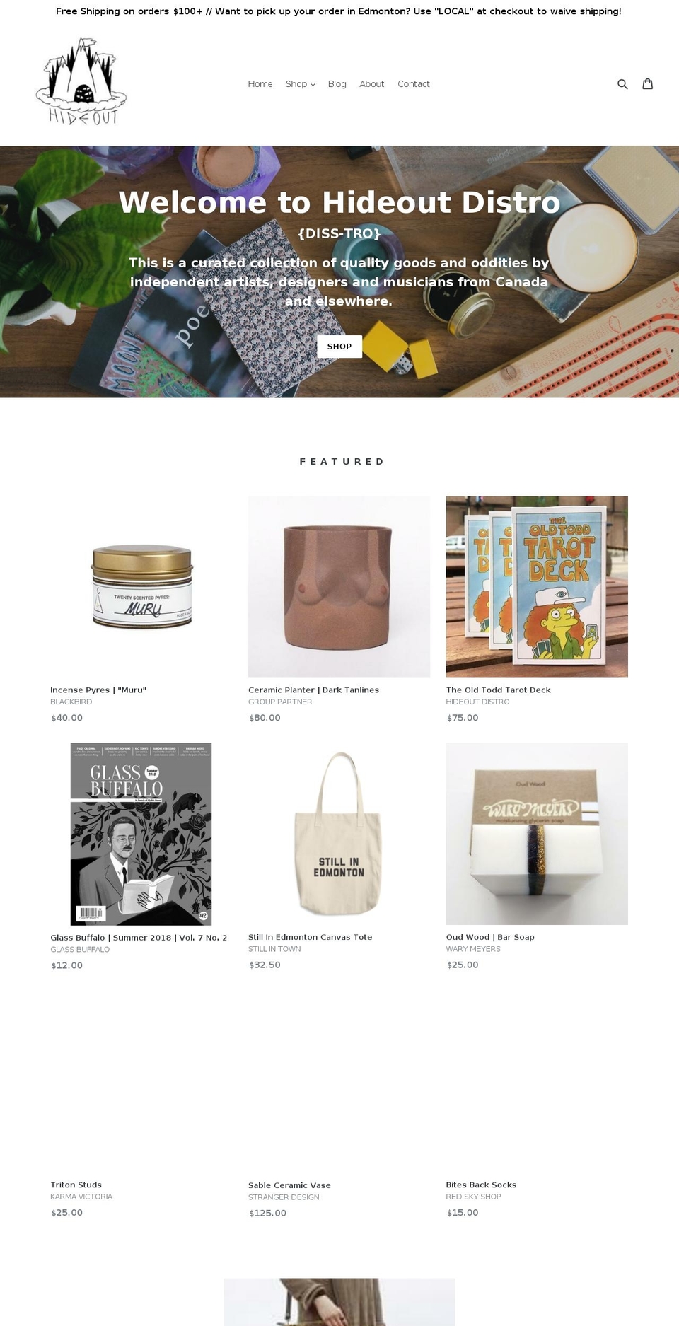 hideoutdistro.com shopify website screenshot