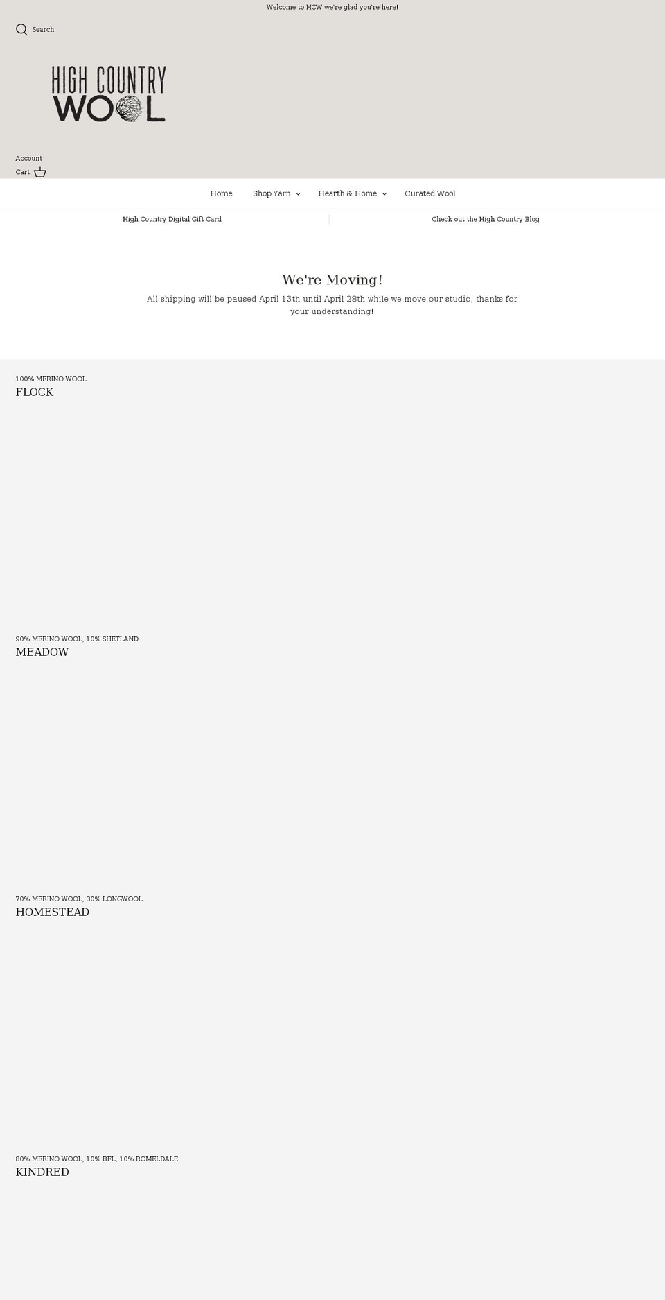 highcountrywool.com shopify website screenshot
