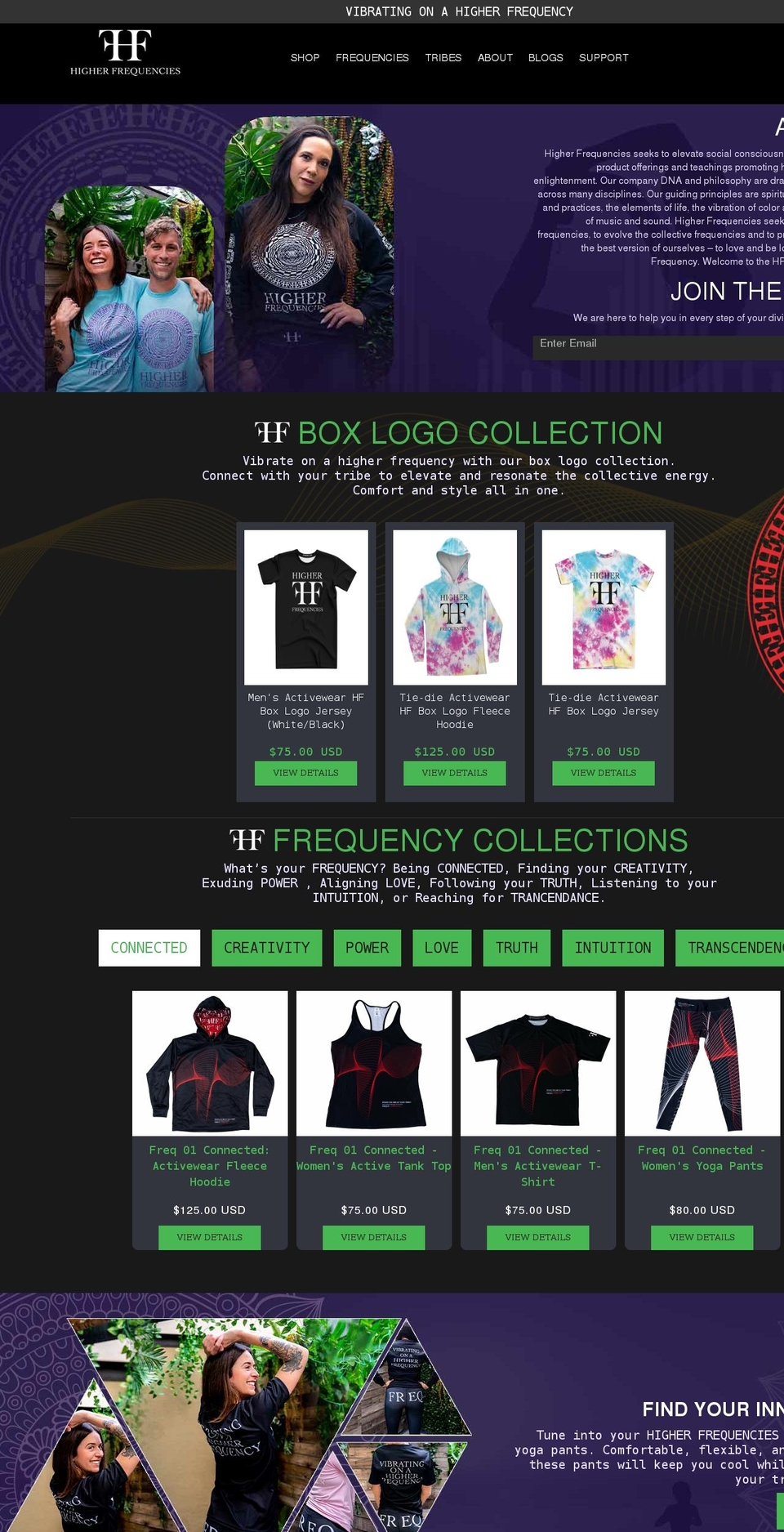 higherfrequencies.com shopify website screenshot