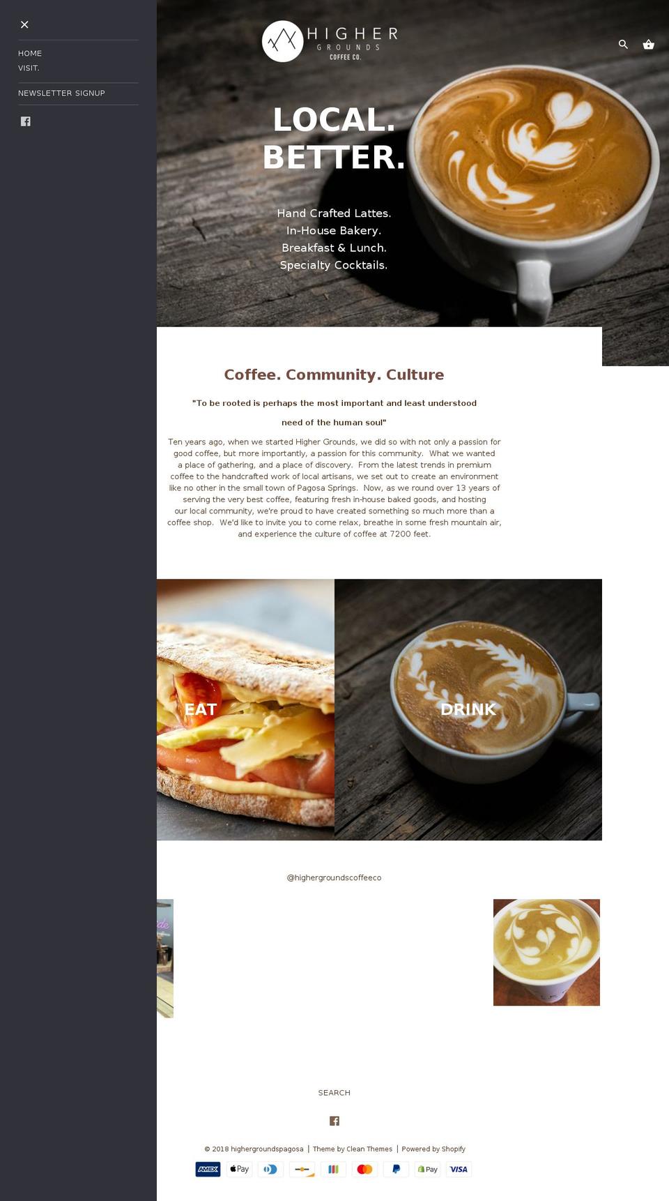 highergroundspagosa.com shopify website screenshot