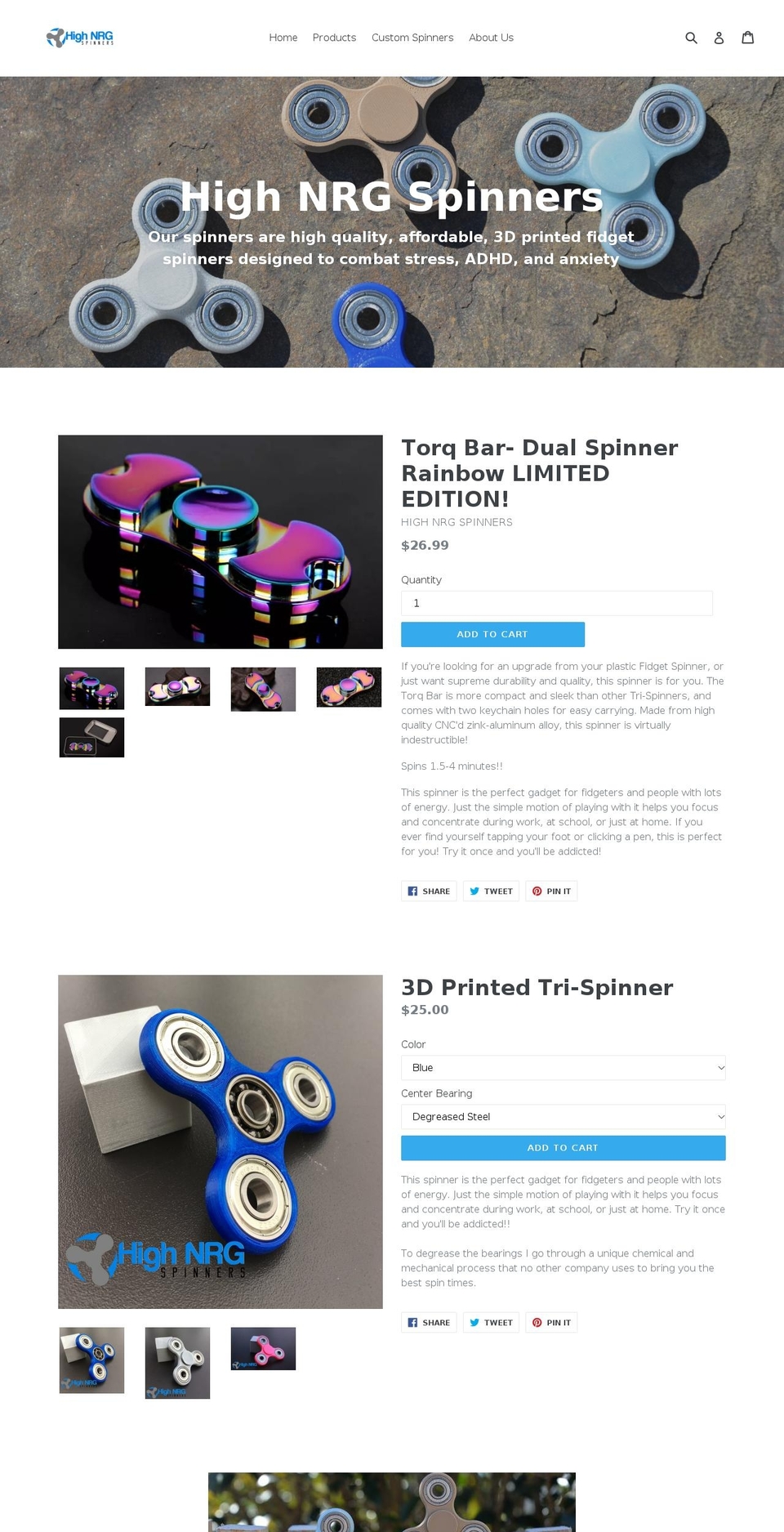 highnrgspinners.com — Shopify storefront screenshot