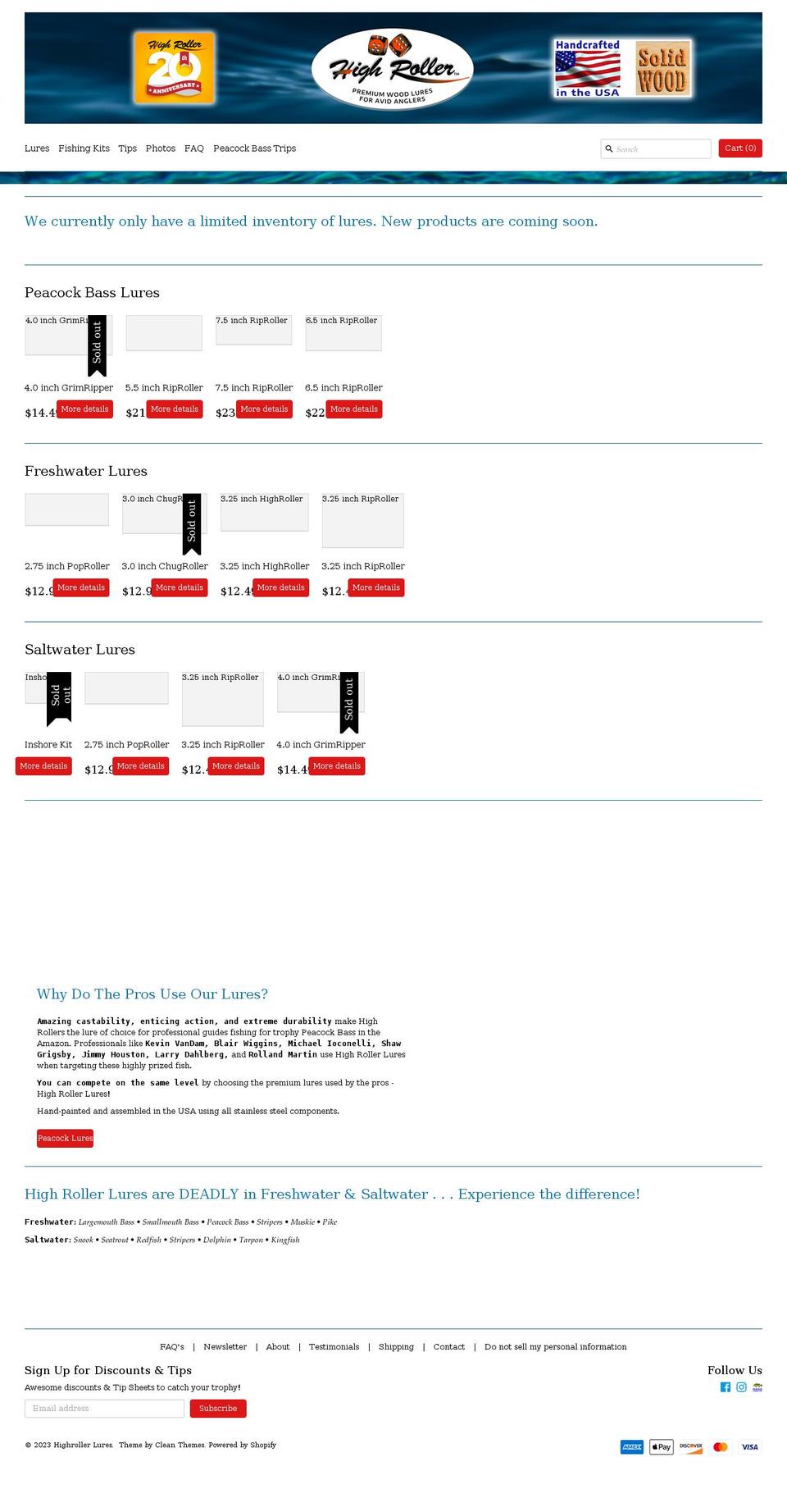 highrollerlures.com shopify website screenshot