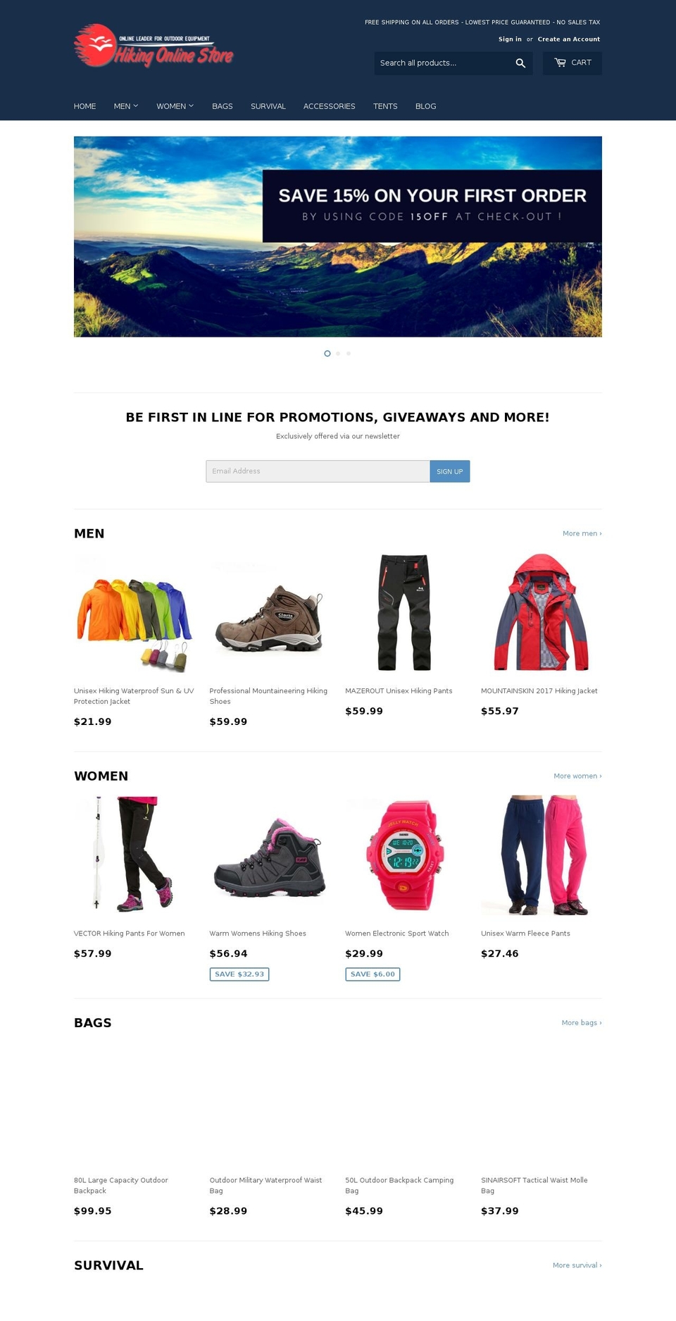hikingonlinestore.com — Shopify storefront screenshot