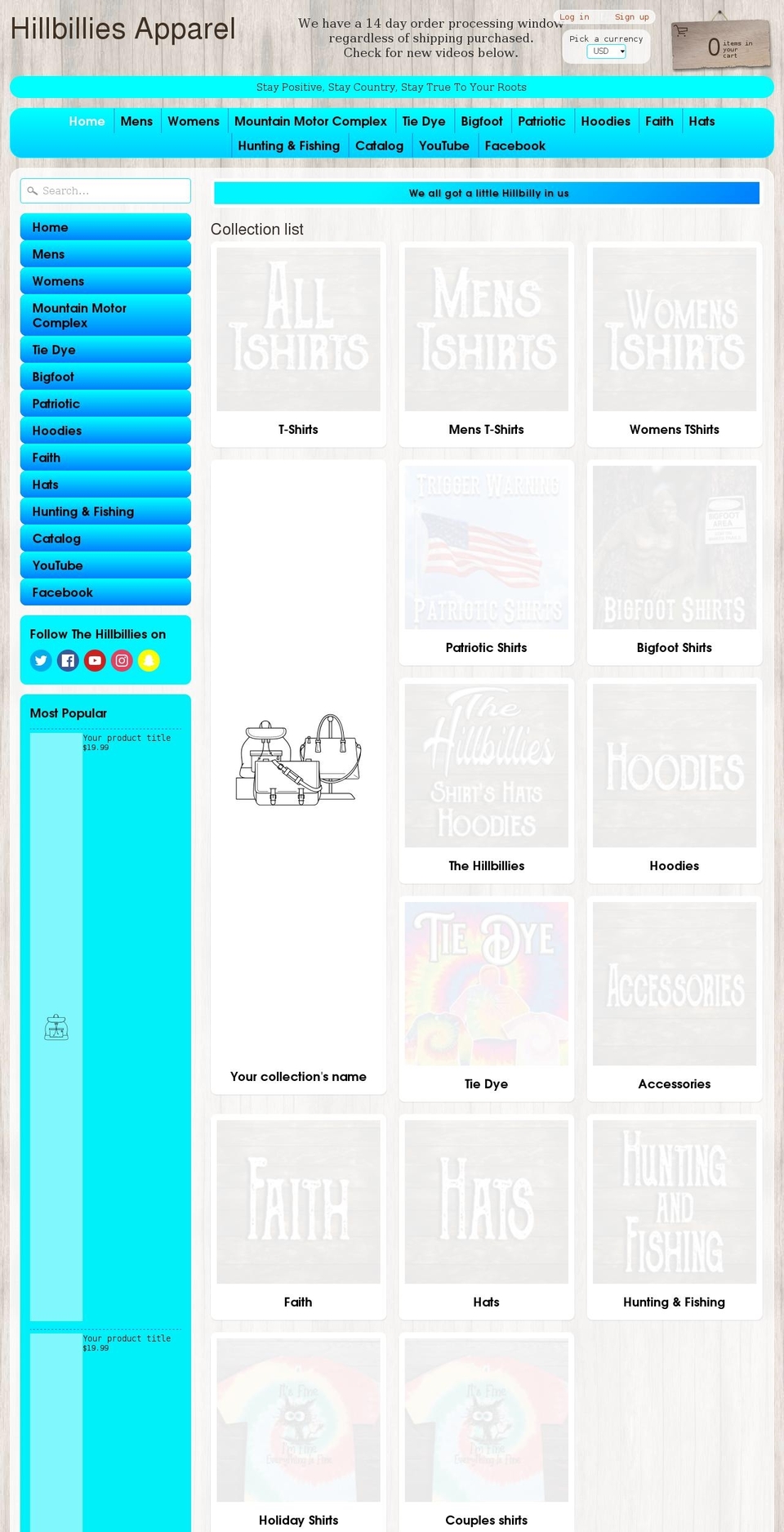 hillbilliesapparel.com shopify website screenshot