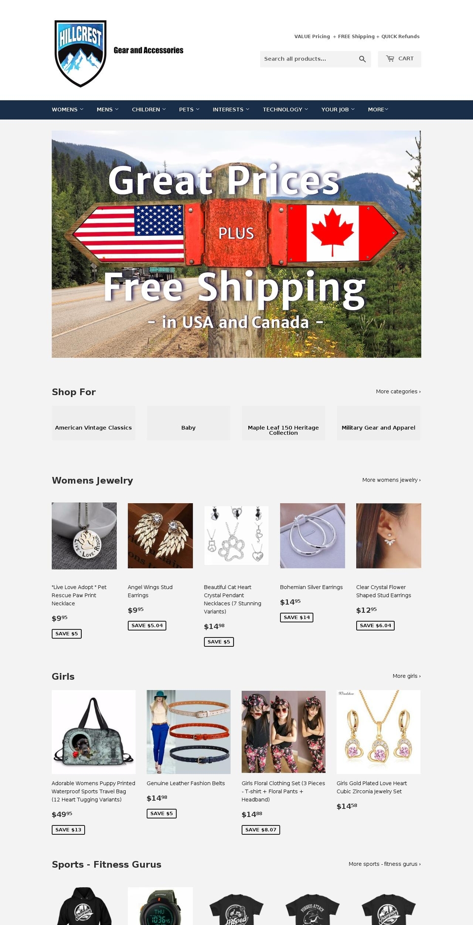 hillcrestgear.com — Shopify storefront screenshot