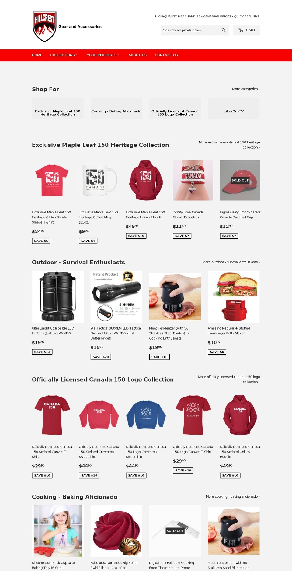 hillcrestgearcanada.com — Shopify storefront screenshot