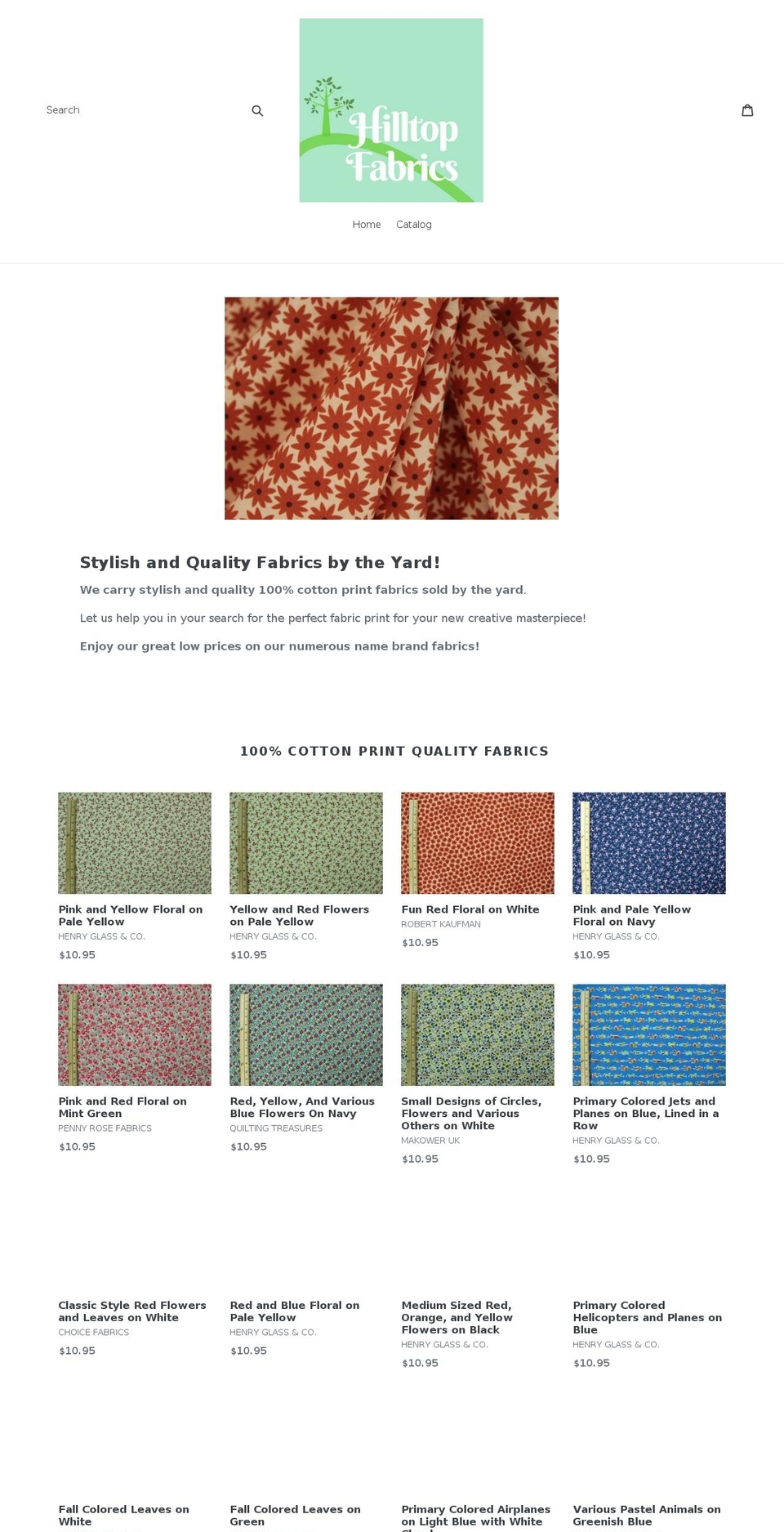 hilltopfabrics.com shopify website screenshot