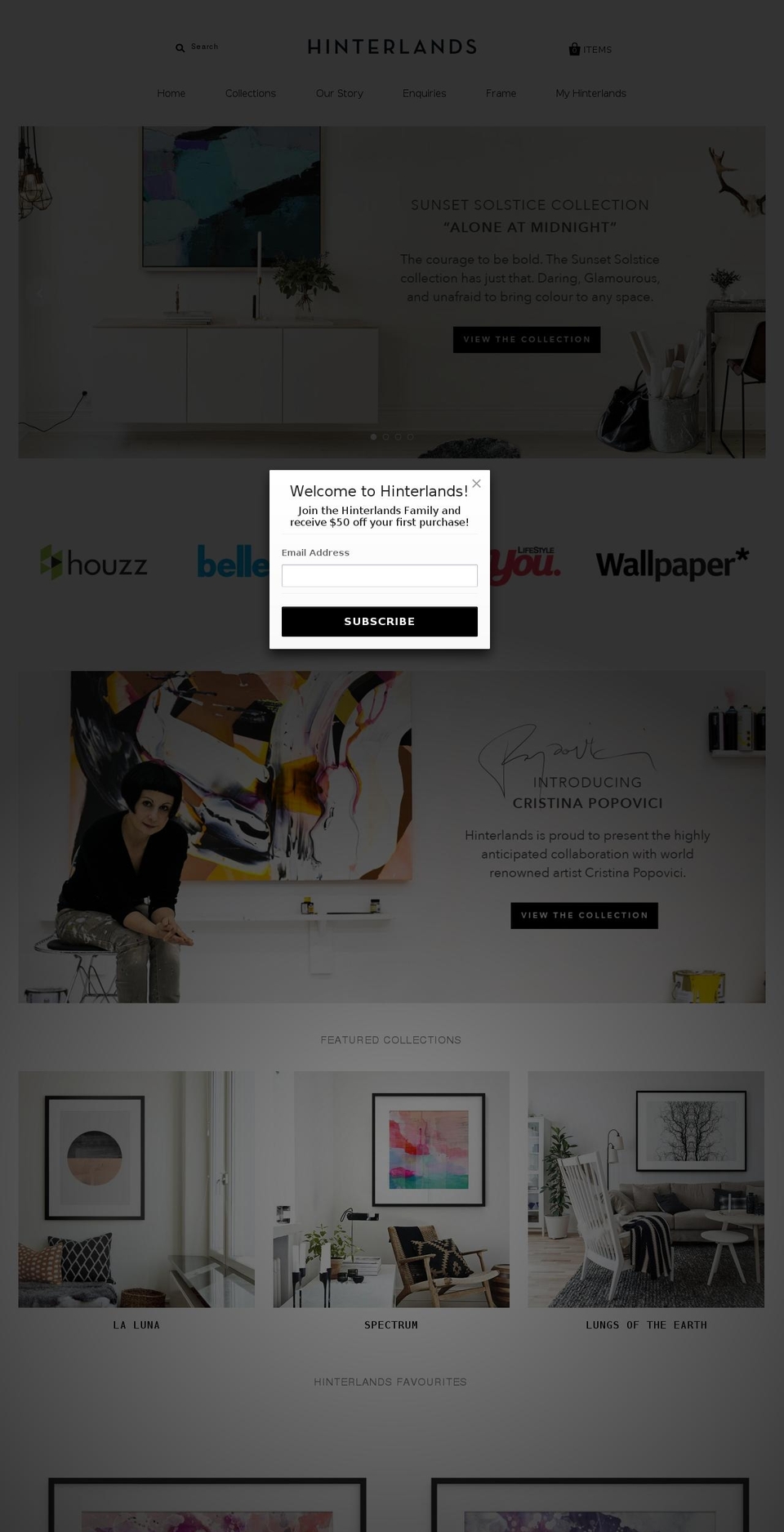 hinterlandsgallery.com shopify website screenshot