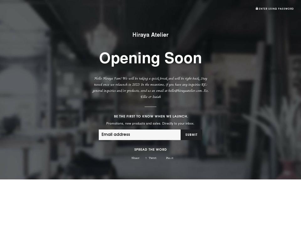 hirayaatelier.com shopify website screenshot